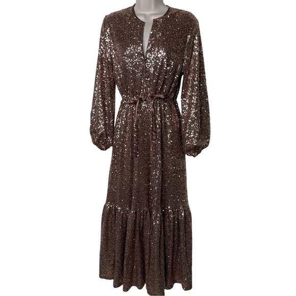 Emerson Fry Frances Rose Gold Chestnut Sequin Maxi Dress sz S - Picture 2 of 10